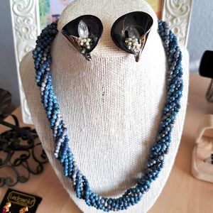 Painted Blues & Grays Stone Beaded Multi Strand Necklace 20” Torsade Necklace